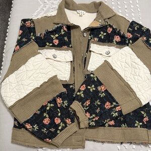 POL women’s Floral Patchwork Jean Jacket - Cream and Tan